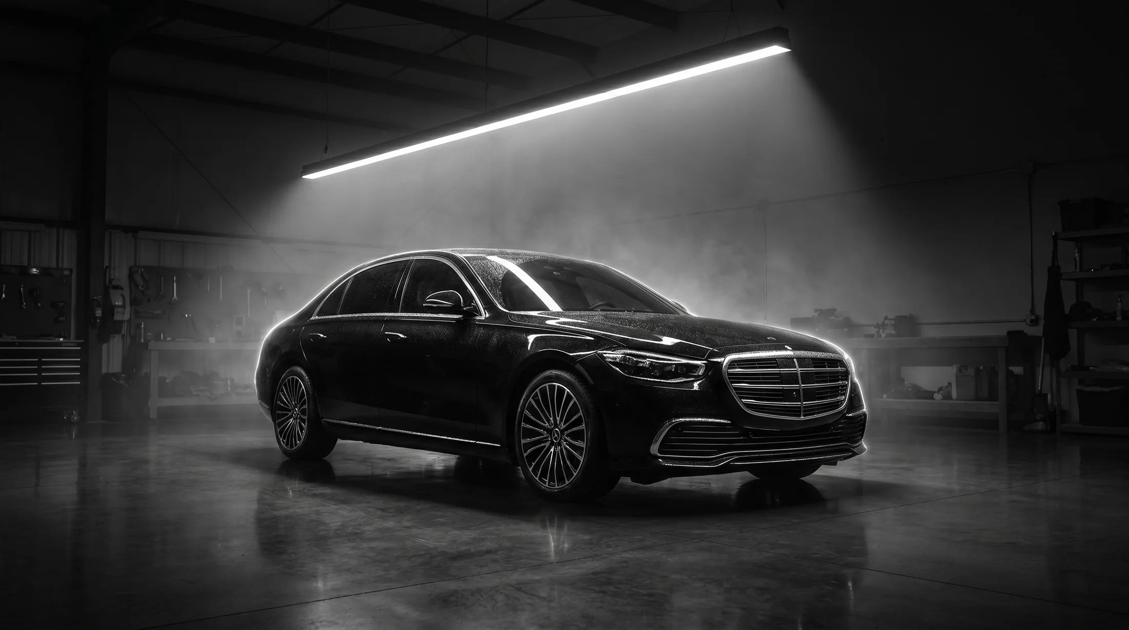Glossy black luxury car detailed in the SparKleen studio